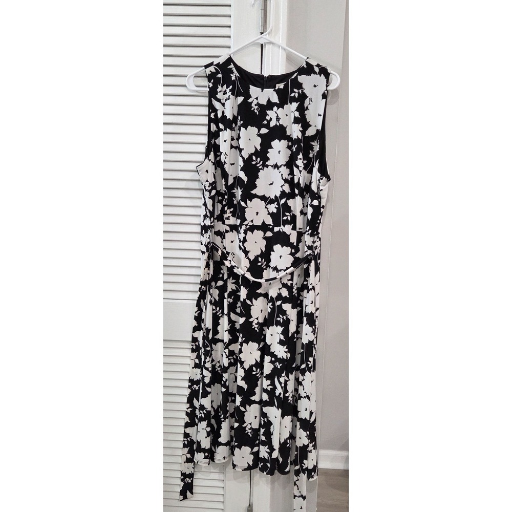 Anne Klein Belted Floral-Print Midi Dress Women's 16 Black Multicolor Sleeveless